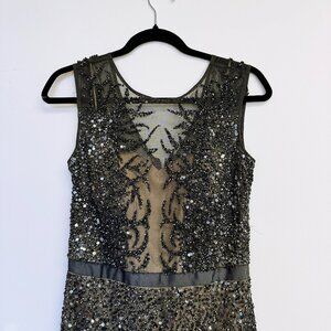 Adrianna Papell Gunmetal Nude Sleeveless Illusion Sequin Beaded Gown Sz. 6